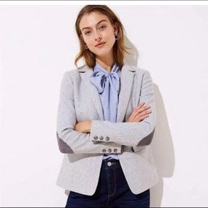Loft Light Gray Herringbone Blazer Jacket with Elbow Patches